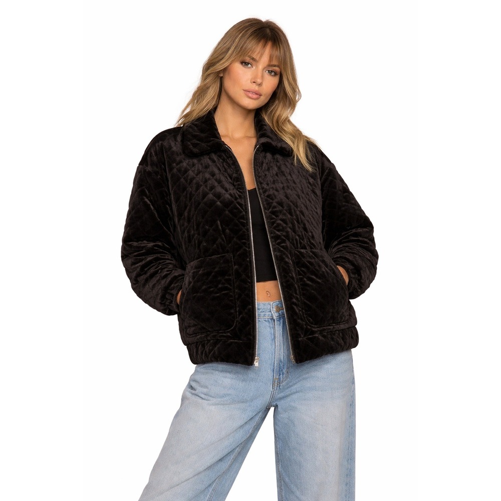 I.AM.GIA Black Quilted Puffer Velvet Full Zip Bomber Barn Jacket XS